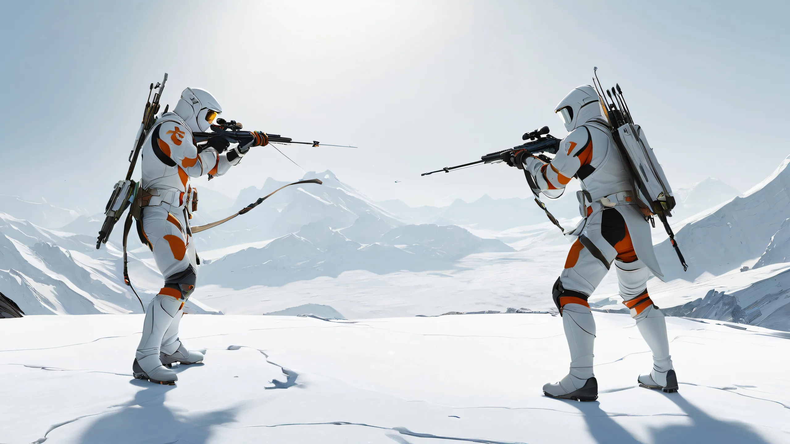 4K Ethereal Aiming Odyssey Desktop Background Two men aiming into the vast pure void of a bright and airy desktop scene for PC or laptop.