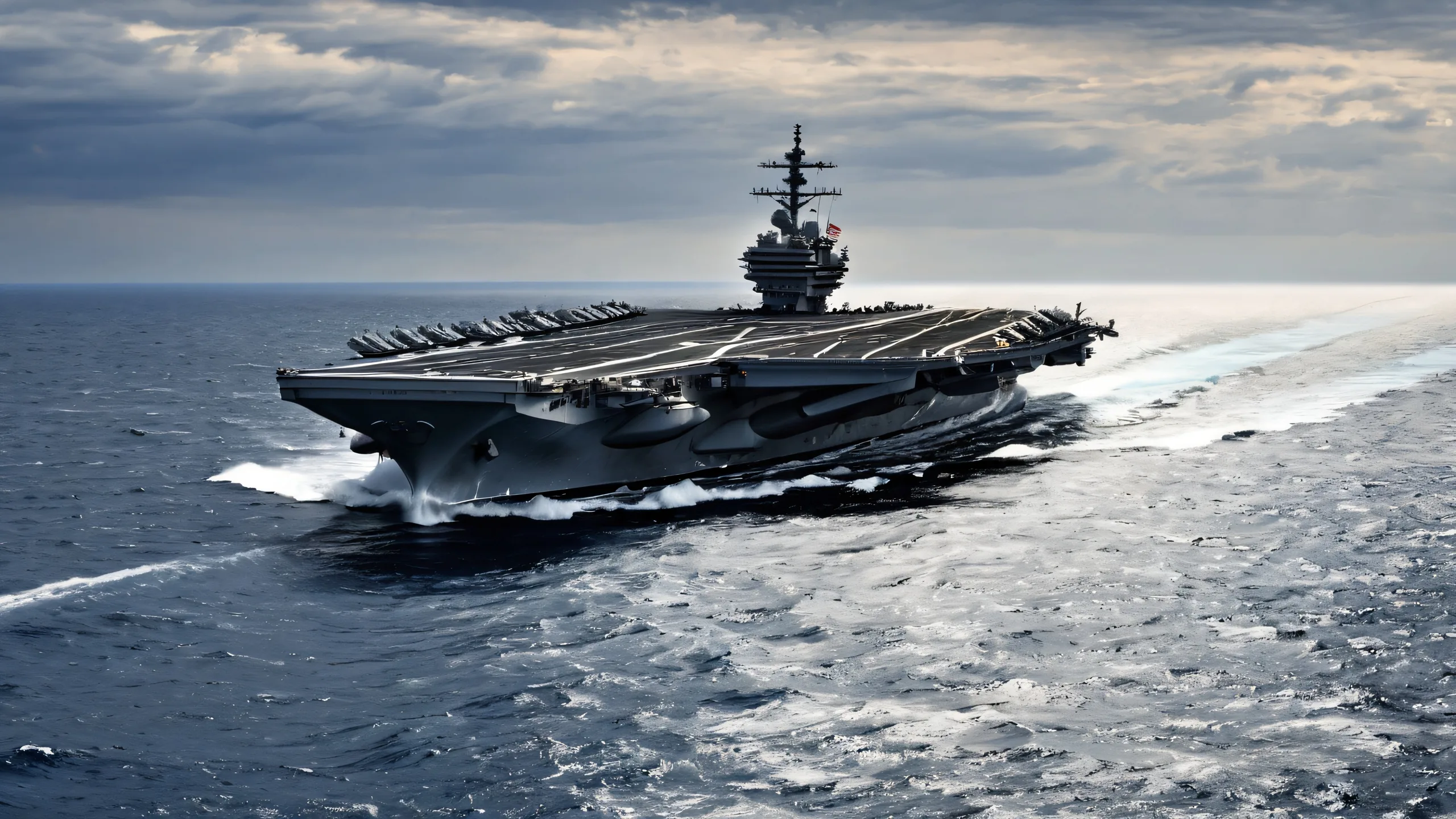 Aircraft carrier at sea on a dark blue horizon with rain-kissed waves and a perfectly clean vast void, suitable for desktop/pc backgrounds.