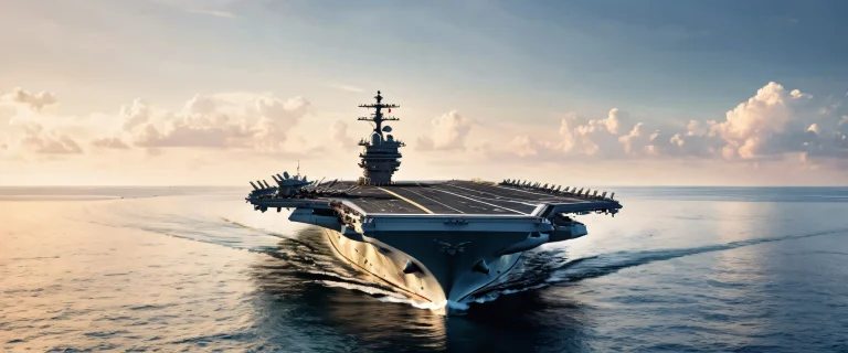 A desktop wallpaper featuring a stunning aircraft carrier scene with ethereal lighting and brilliant colors against a pure blue background, perfect for Desktop/PC.