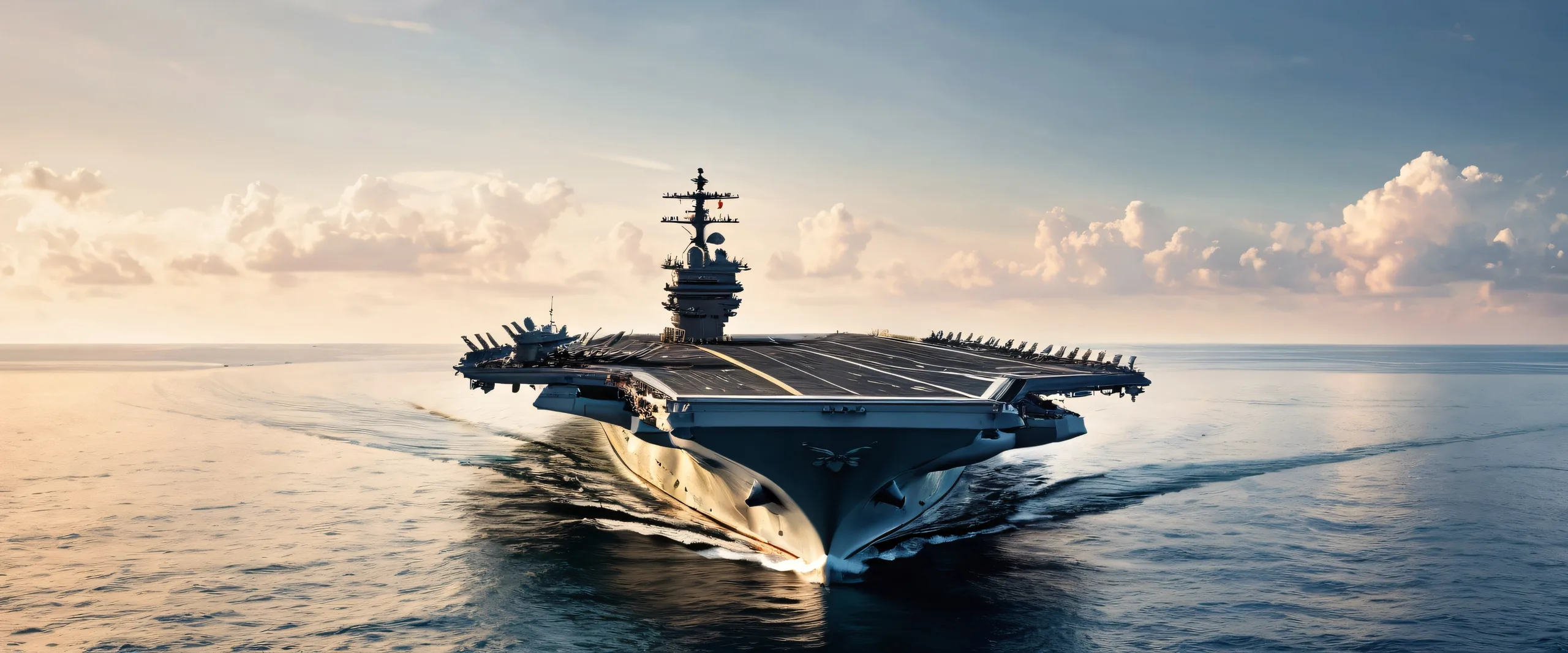 A desktop wallpaper featuring a stunning aircraft carrier scene with ethereal lighting and brilliant colors against a pure blue background, perfect for Desktop/PC.