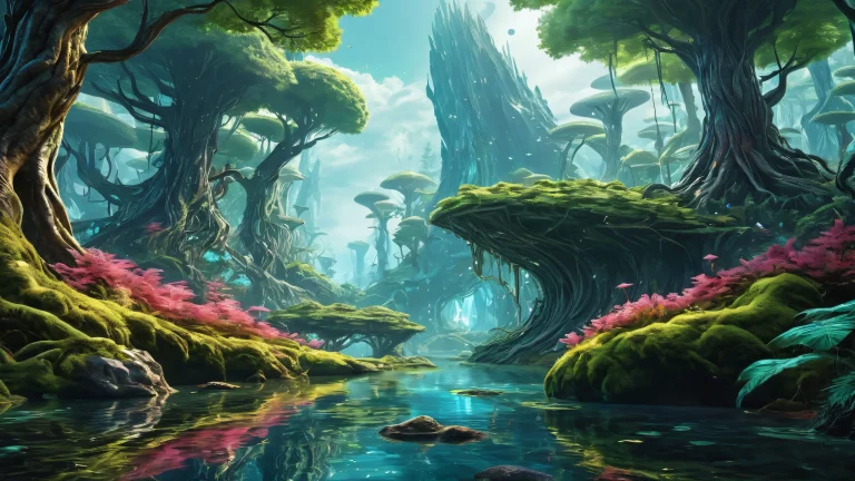 A stunning desktop wallpaper of an alien forest on a perfectly clean void background for your PC or Desktop.