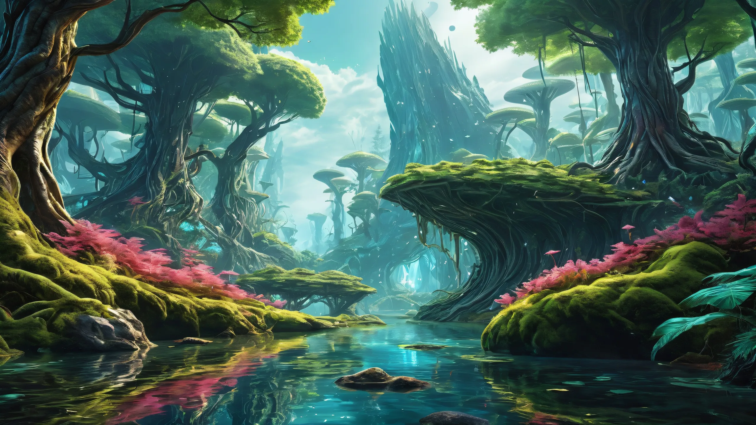A stunning desktop wallpaper of an alien forest on a perfectly clean void background for your PC or Desktop.