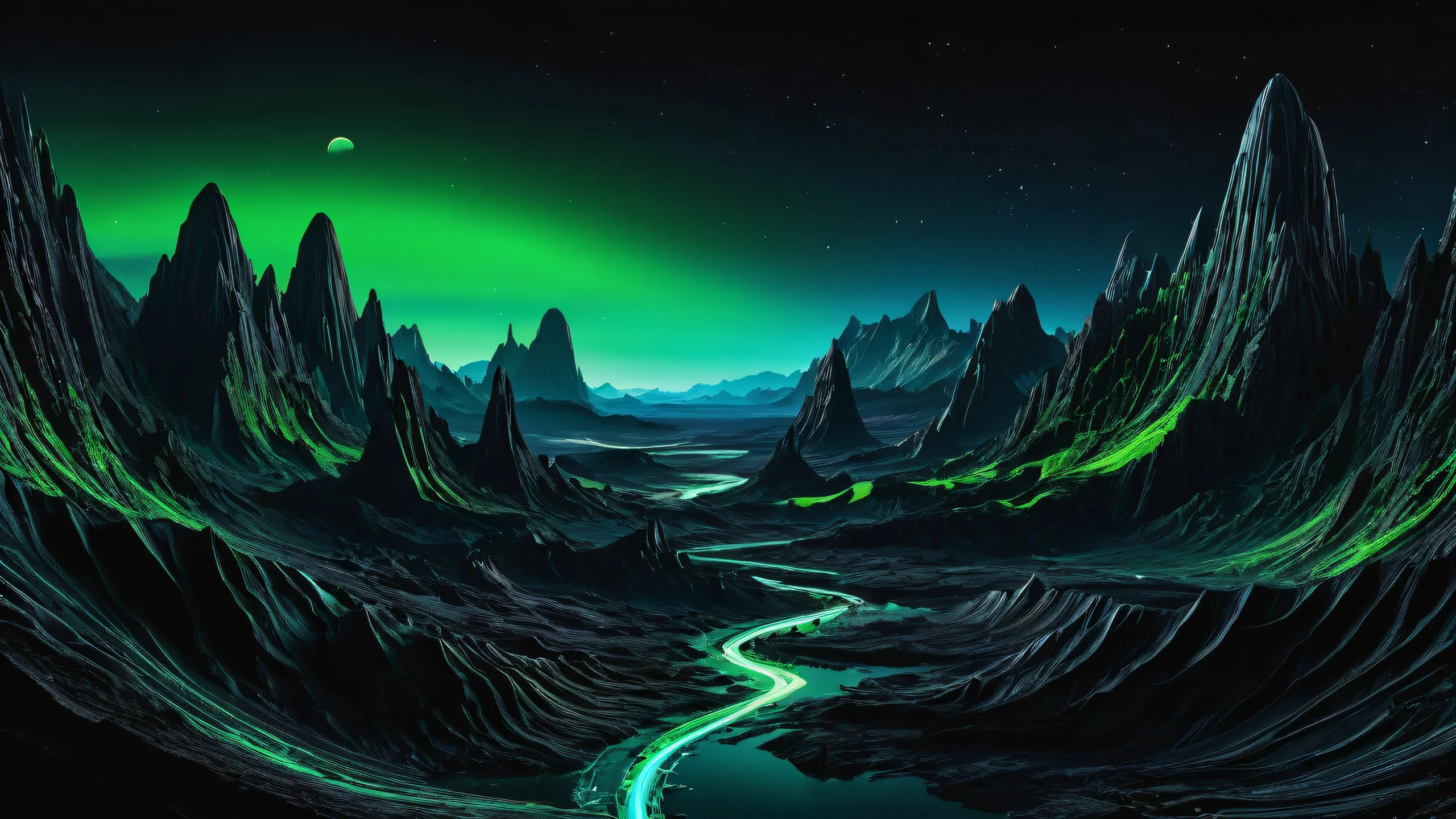 Breathtaking alien landscape desktop image for PCs and Desktops, with deep void, striking contrast, and luminescent accents.