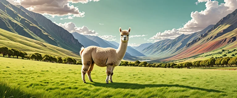 A serene and radiant desktop background featuring an alpaca amidst a vast, pure void with extreme depth of field on a Desktop/PC.