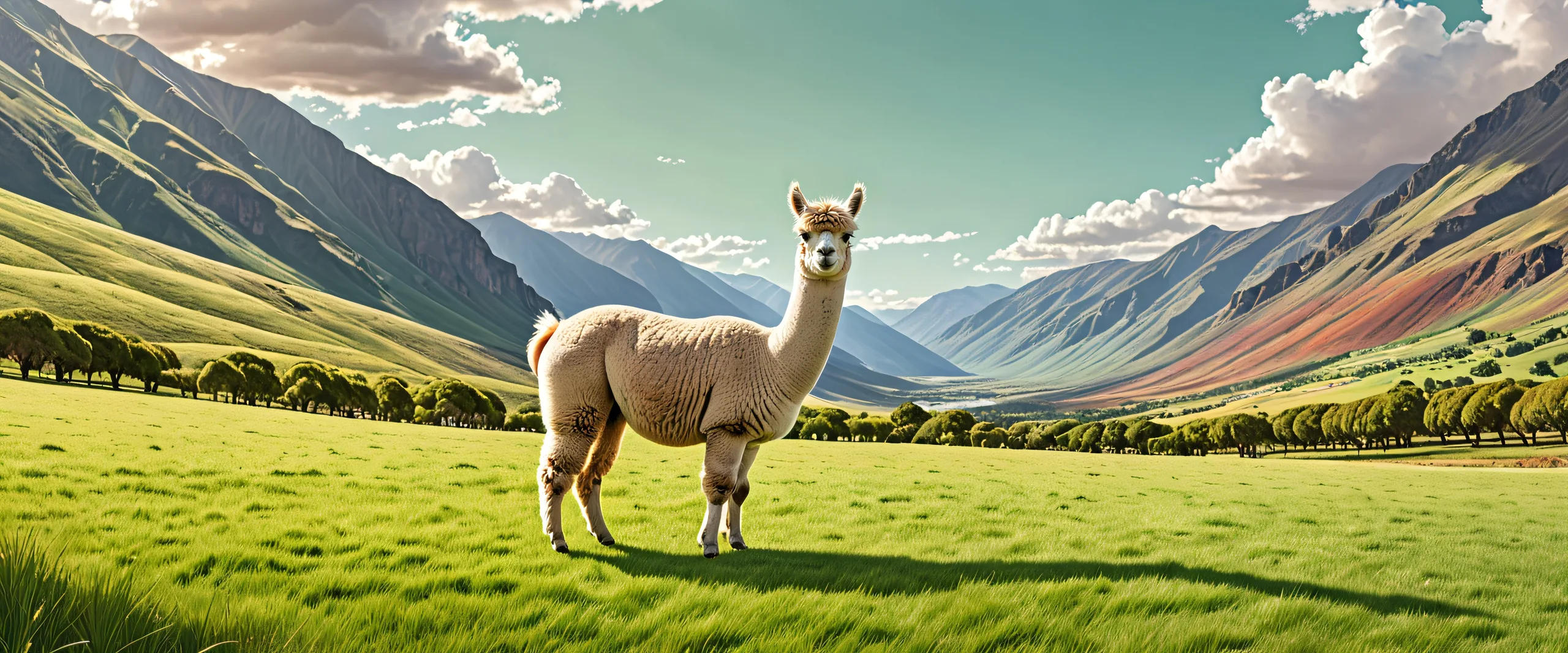 A serene and radiant desktop background featuring an alpaca amidst a vast, pure void with extreme depth of field on a Desktop/PC.