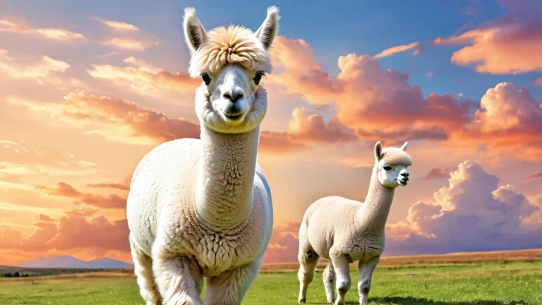 A majestic alpaca set against a vast, pure void with dynamic clouds and radiant reflections on a desktop or PC.