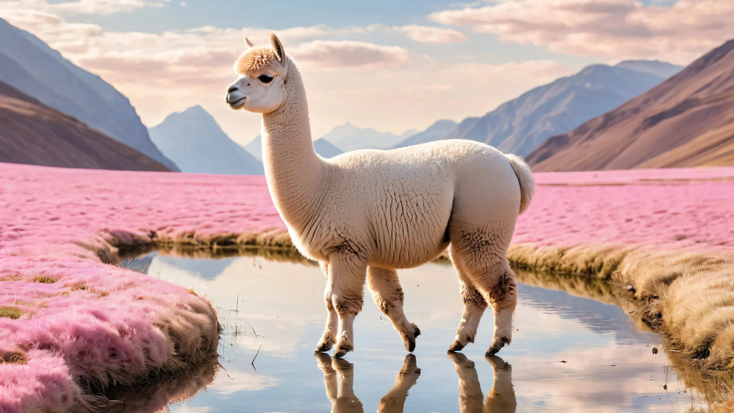 A breathtaking desktop wallpaper of an alpaca set against a perfectly clean vast pure void, ideal for use on your Desktop/PC.