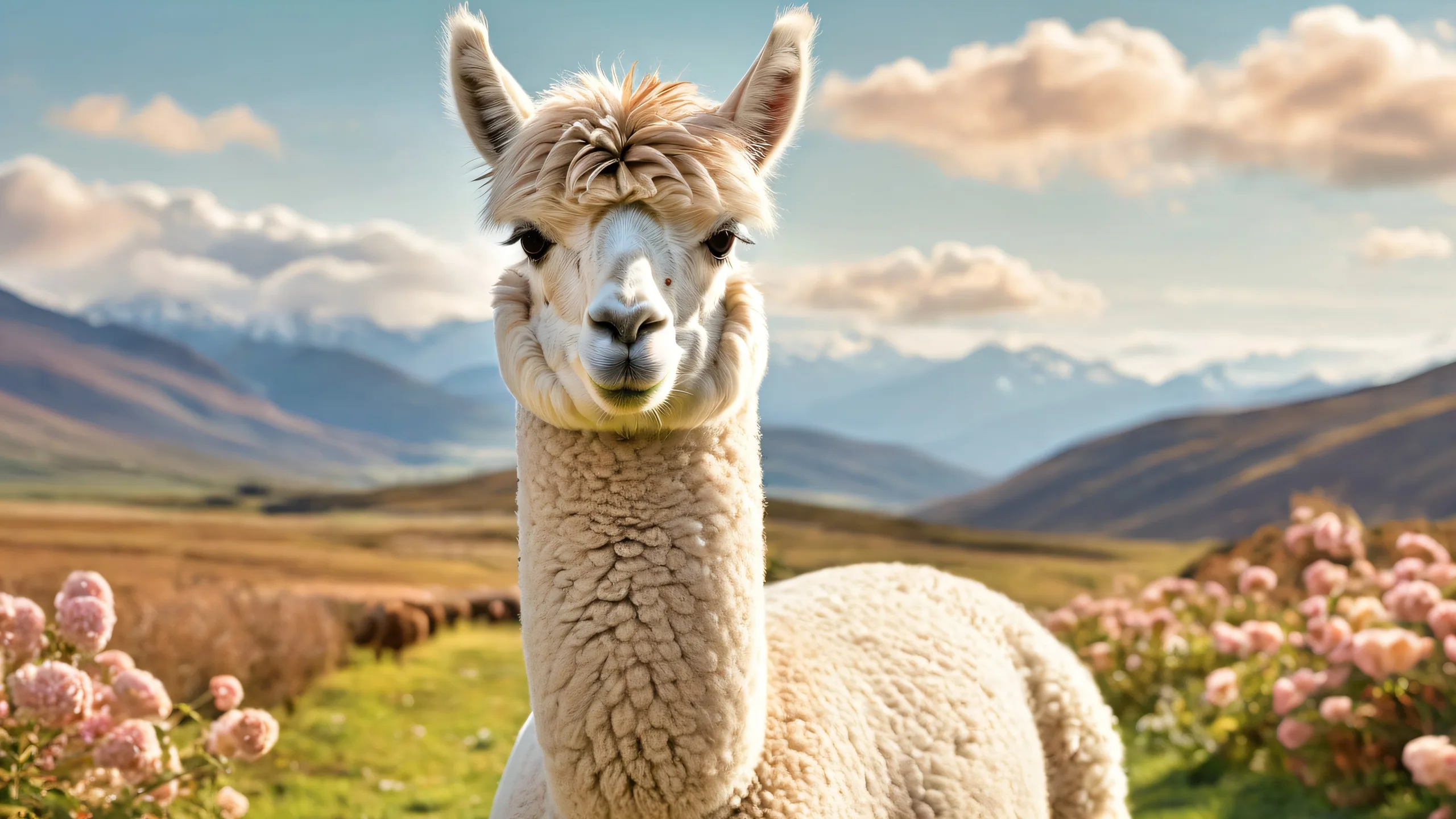 A serene desktop scene featuring an alpaca amidst a vast, pure void with subtle texture hints and stunning ethereal lighting.