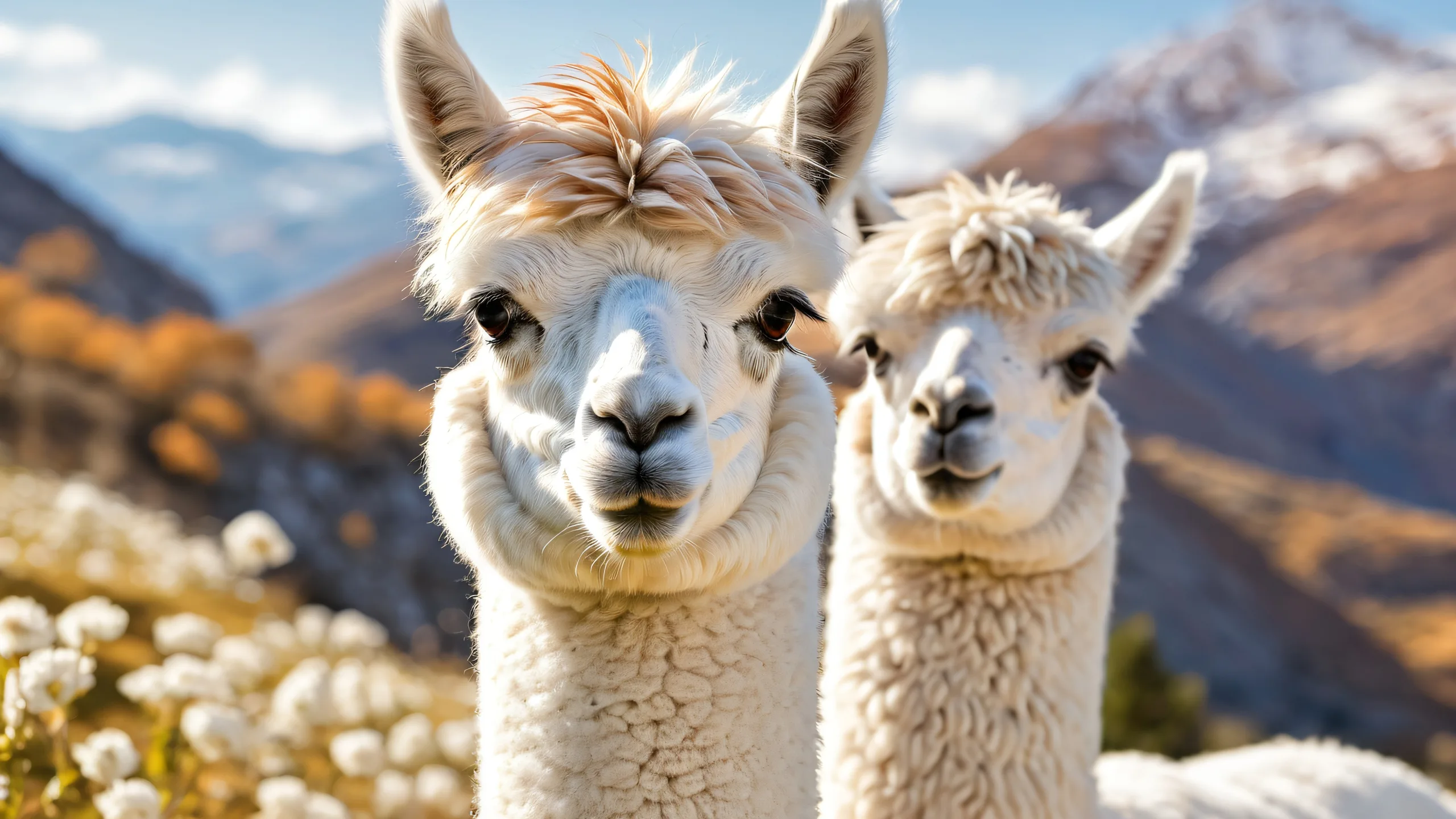 A serene and radiant desktop scene featuring an alpaca girl set against a vast pure void with stunning reflections and impeccable detail.