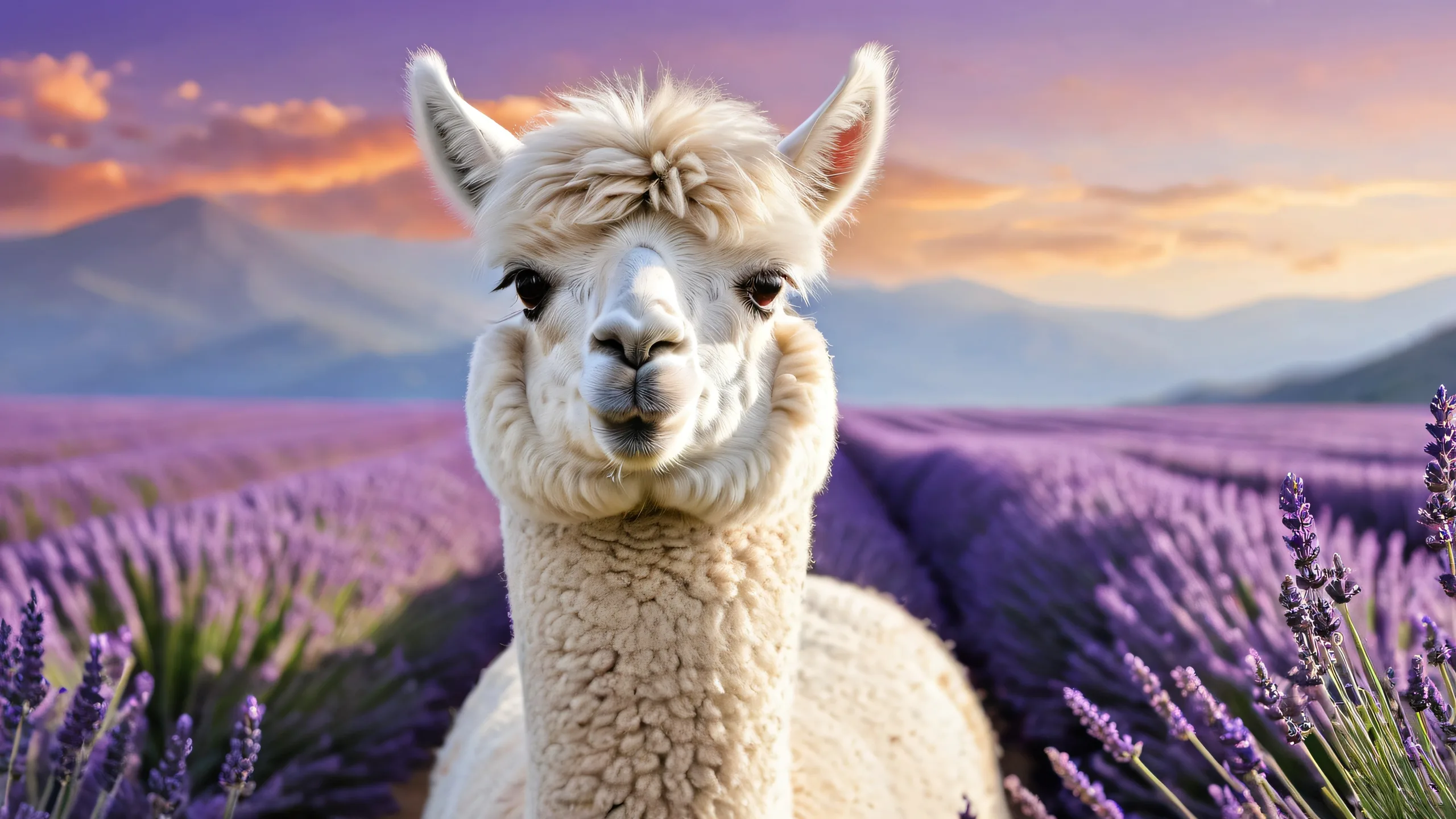 A stunning desktop image of an alpaca against a vast pure void with extreme depth of field, creating a sense of limitless space for your Desktop/PC.