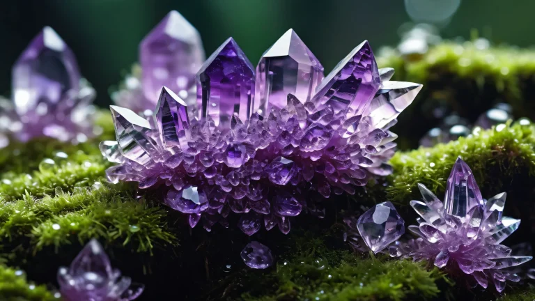 A stunning desktop wallpaper featuring luminous amethyst crystals suspended in a vast pure void, perfect for your PC or Desktop/PC.