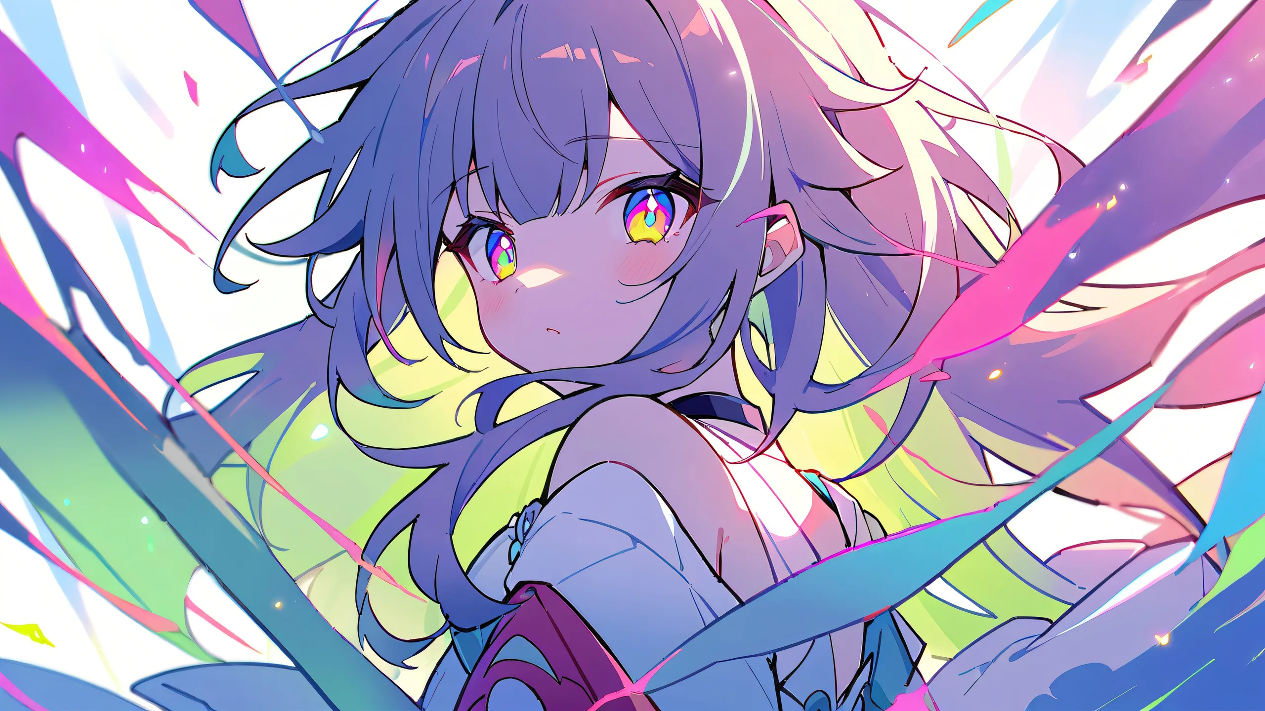 A stunning anime girl stands against a brilliant white background, her gaze meeting the viewer's, on a desktop/PC