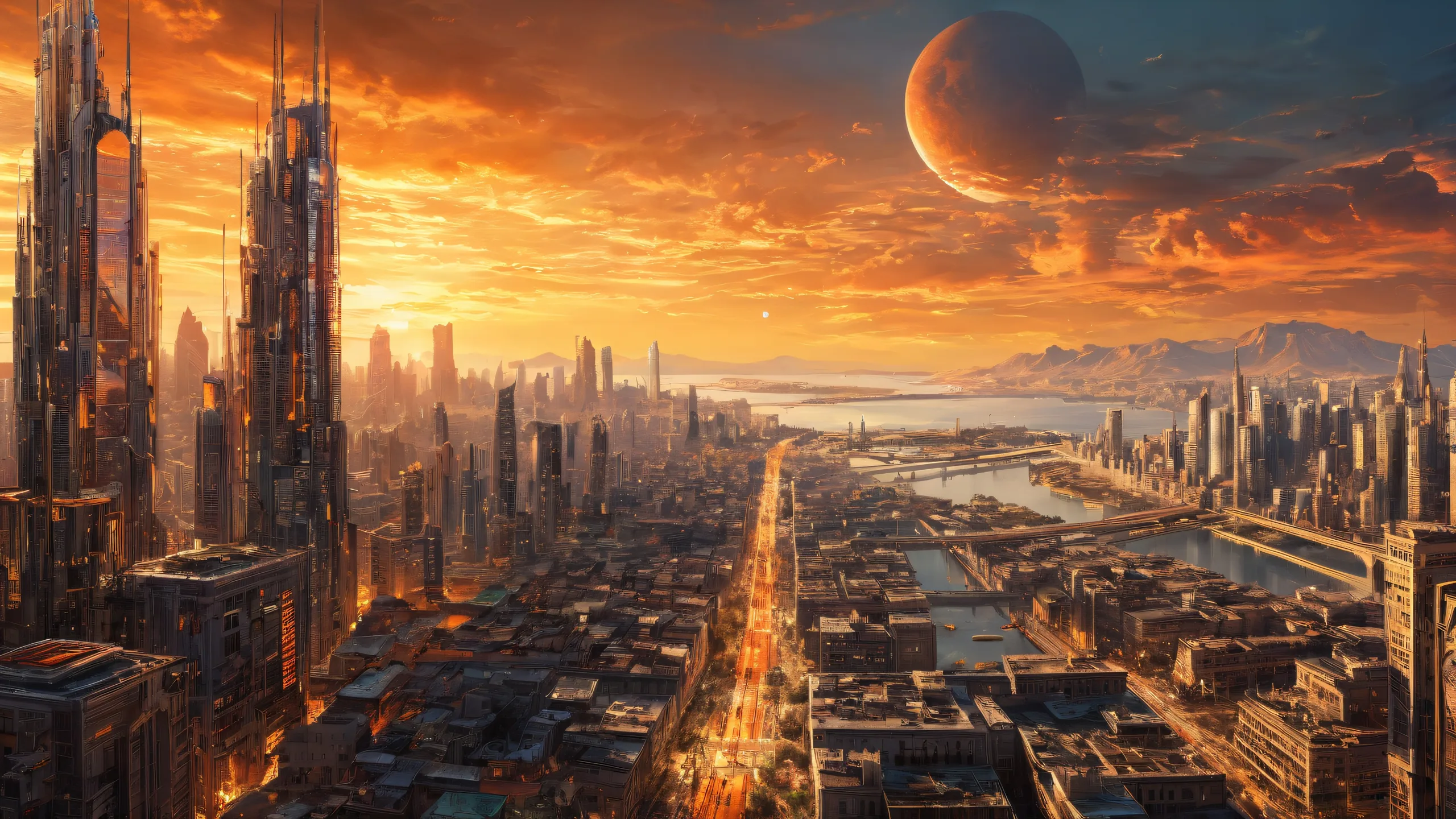 Breathtaking post-apocalyptic cityscape on a pure void desktop background, suitable for PC or Desktop use.