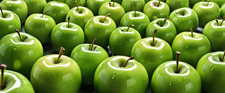A serene desktop scene featuring a cluster of green apples against a pure void background, suitable for a Desktop/PC.