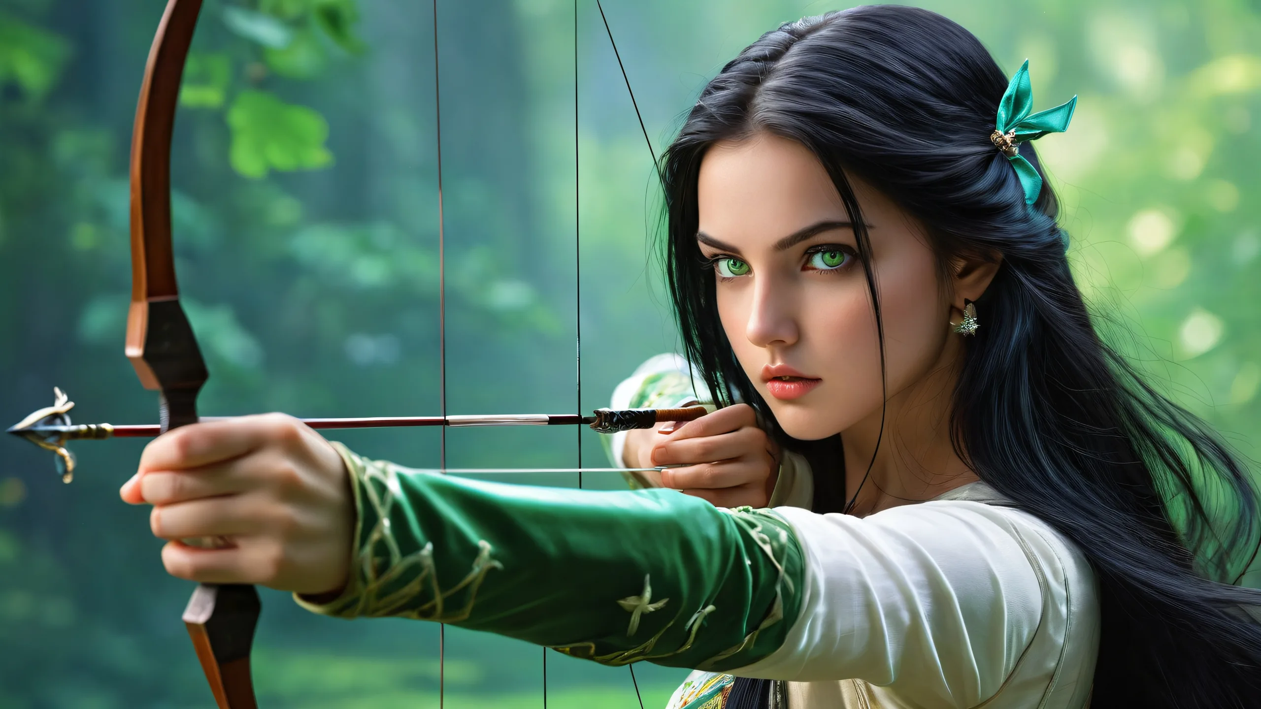 A lone girl with piercing green eyes aiming a bow against a pure void background, suitable for desktop/pc screens.