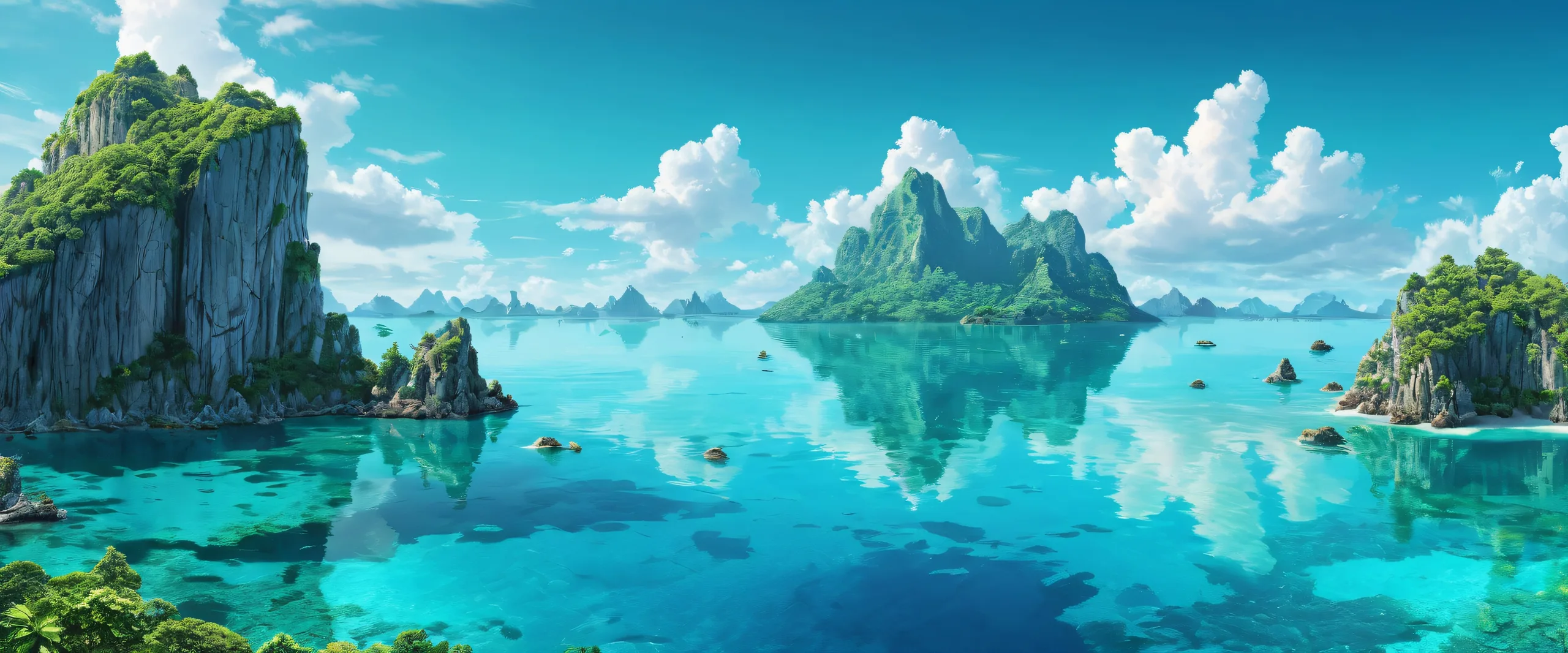 A serene and picturesque island landscape on a clean and pure void background for desktop use. Suitable for PCs and Desktops.