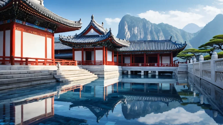 A stunning winter desktop wallpaper featuring Asian architecture set against a pure void background with ethereal lighting, colores radiantes, and ray-traced reflections for a Desktop/PC.