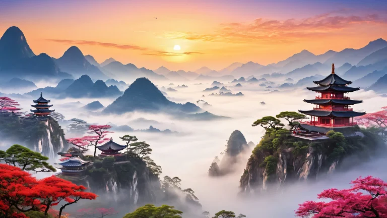 Desktop/PC wallpaper featuring an ethereal Asian landscape with a giant white fog hovering above, blending seamlessly with the vivid natural colors and bright atmosphere.