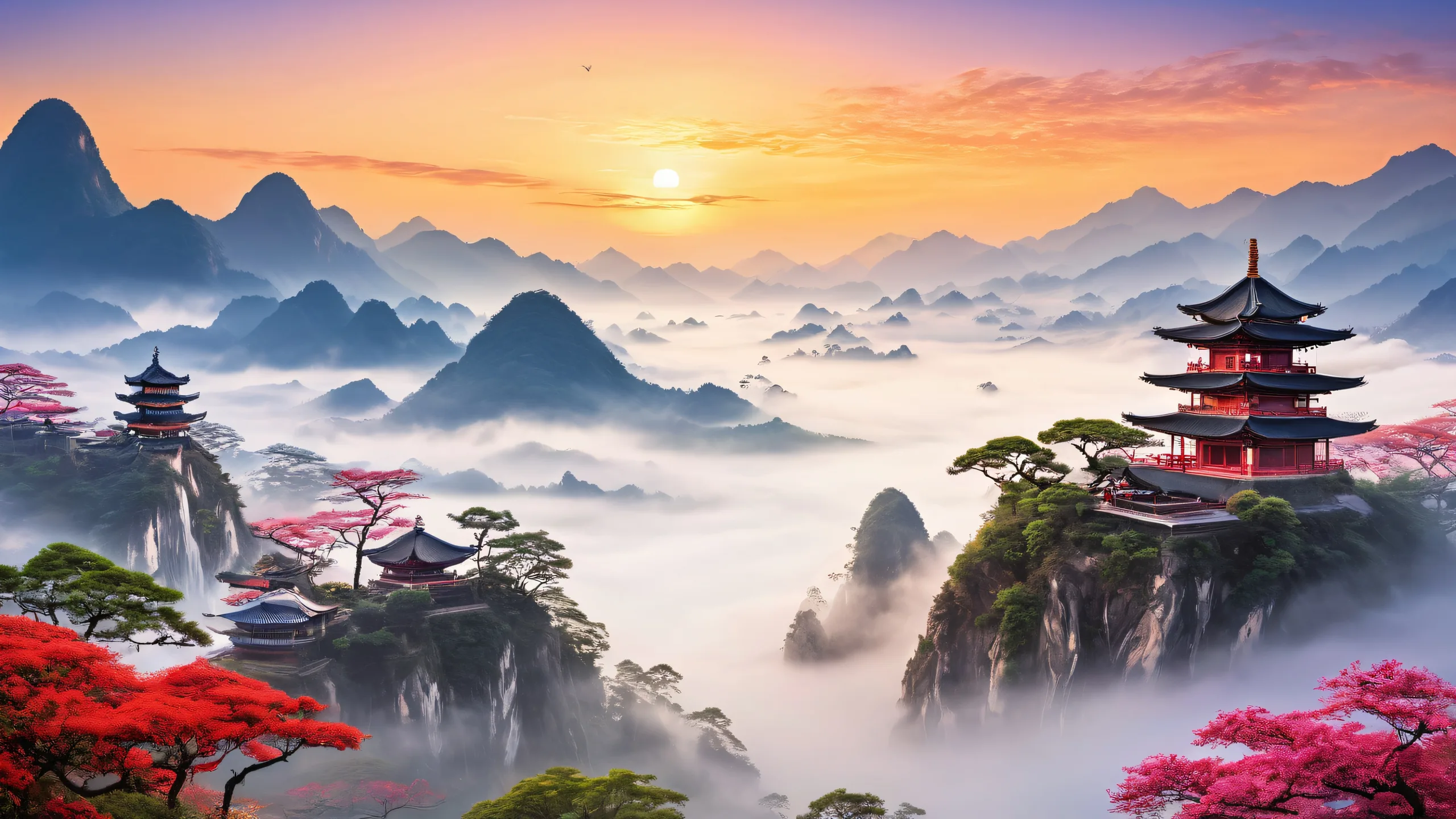 Desktop/PC wallpaper featuring an ethereal Asian landscape with a giant white fog hovering above, blending seamlessly with the vivid natural colors and bright atmosphere.
