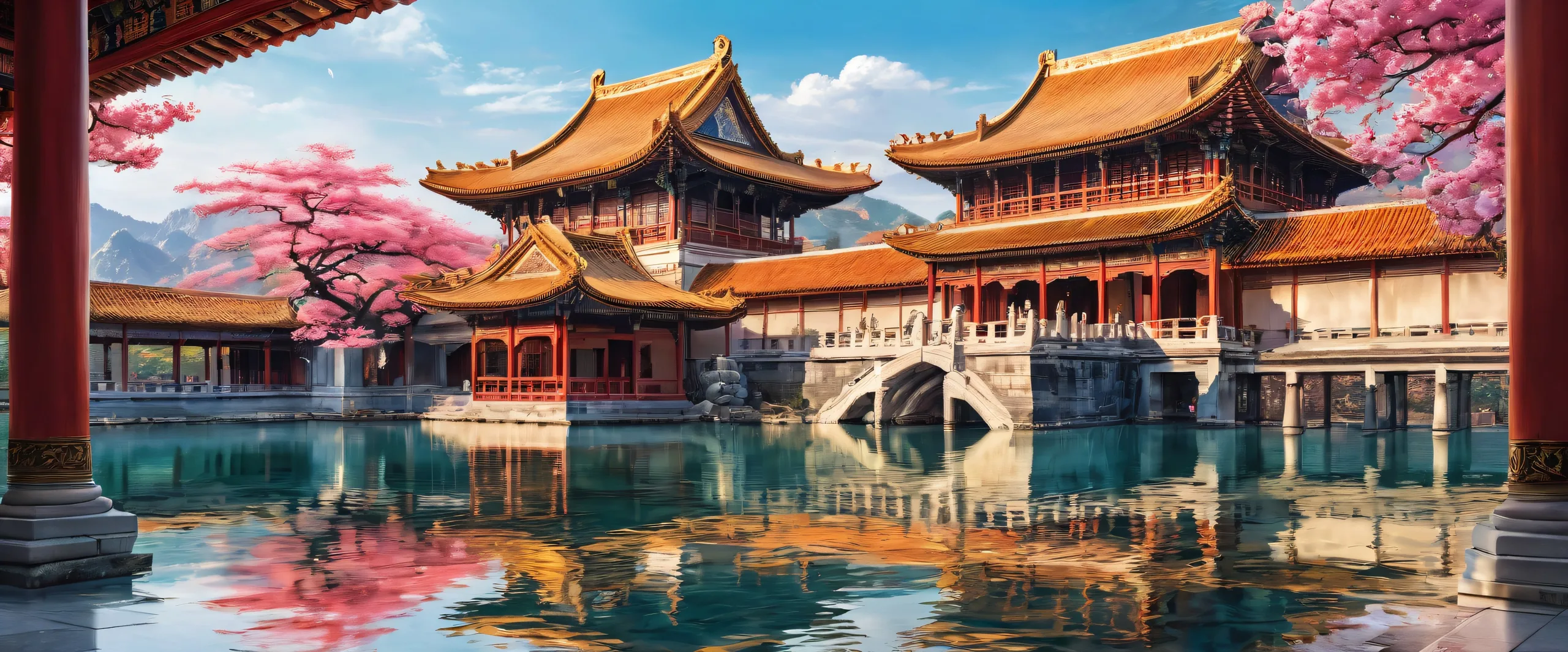 Asian architecture desktop wallpaper with ethereal lighting and ray-traced reflections for PC or Desktop.
