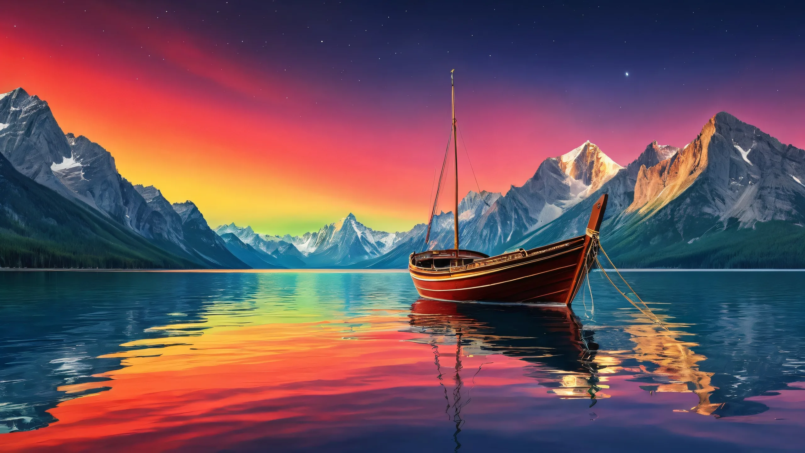 Aurora-lit boat on a vast pure void desktop for PC and Mac