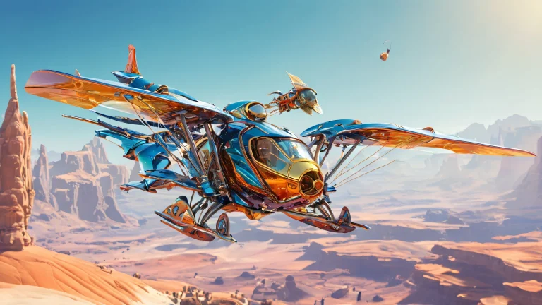 A serene aerial scene for your Desktop/PC featuring a flying machine amidst a vast, pure void with deep depth of field and ethereal lighting.