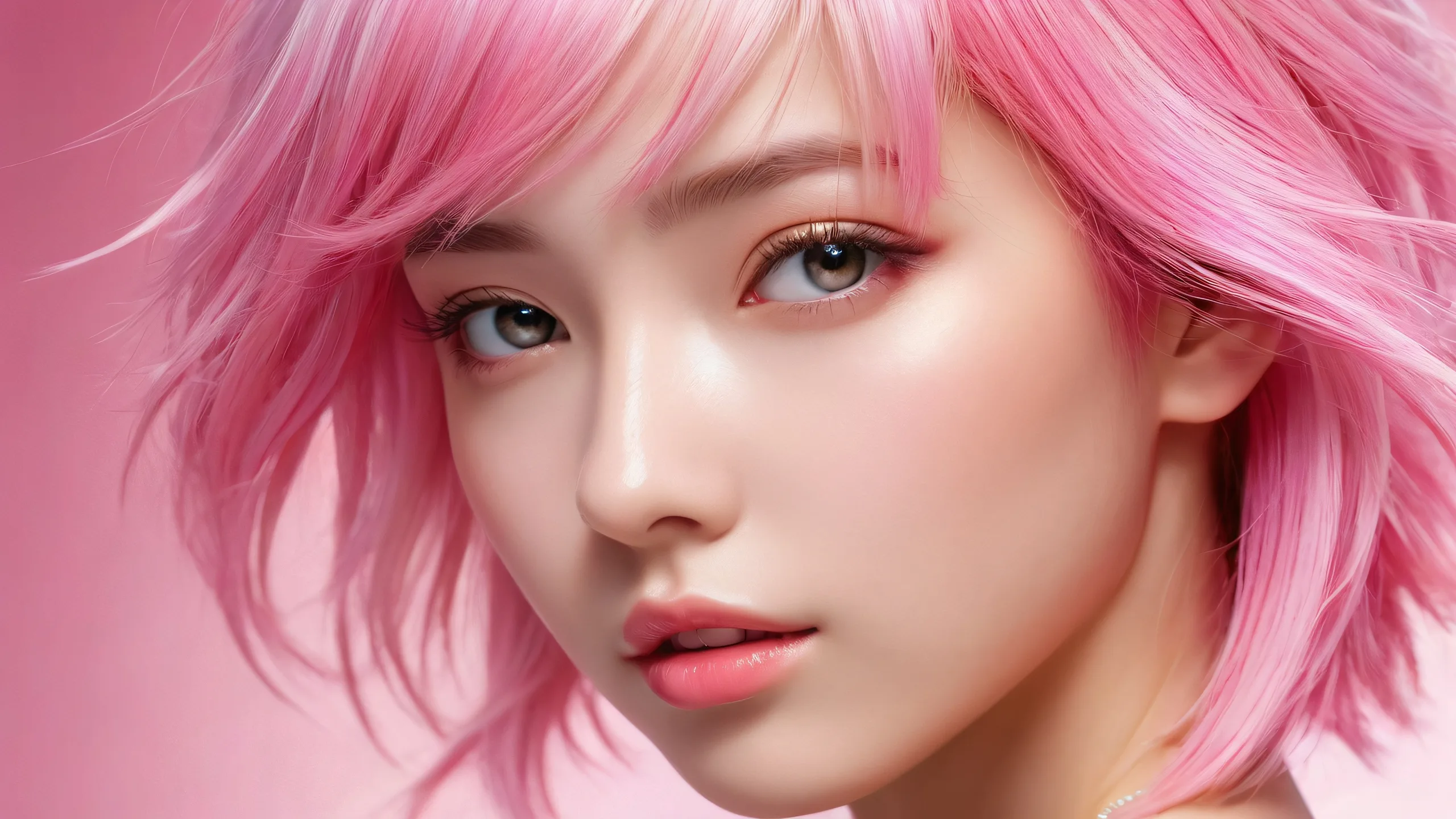Girl with pink hair sits amidst a vast pure void on a desktop/pc, surrounded by pristine clarity and ethereal lighting.