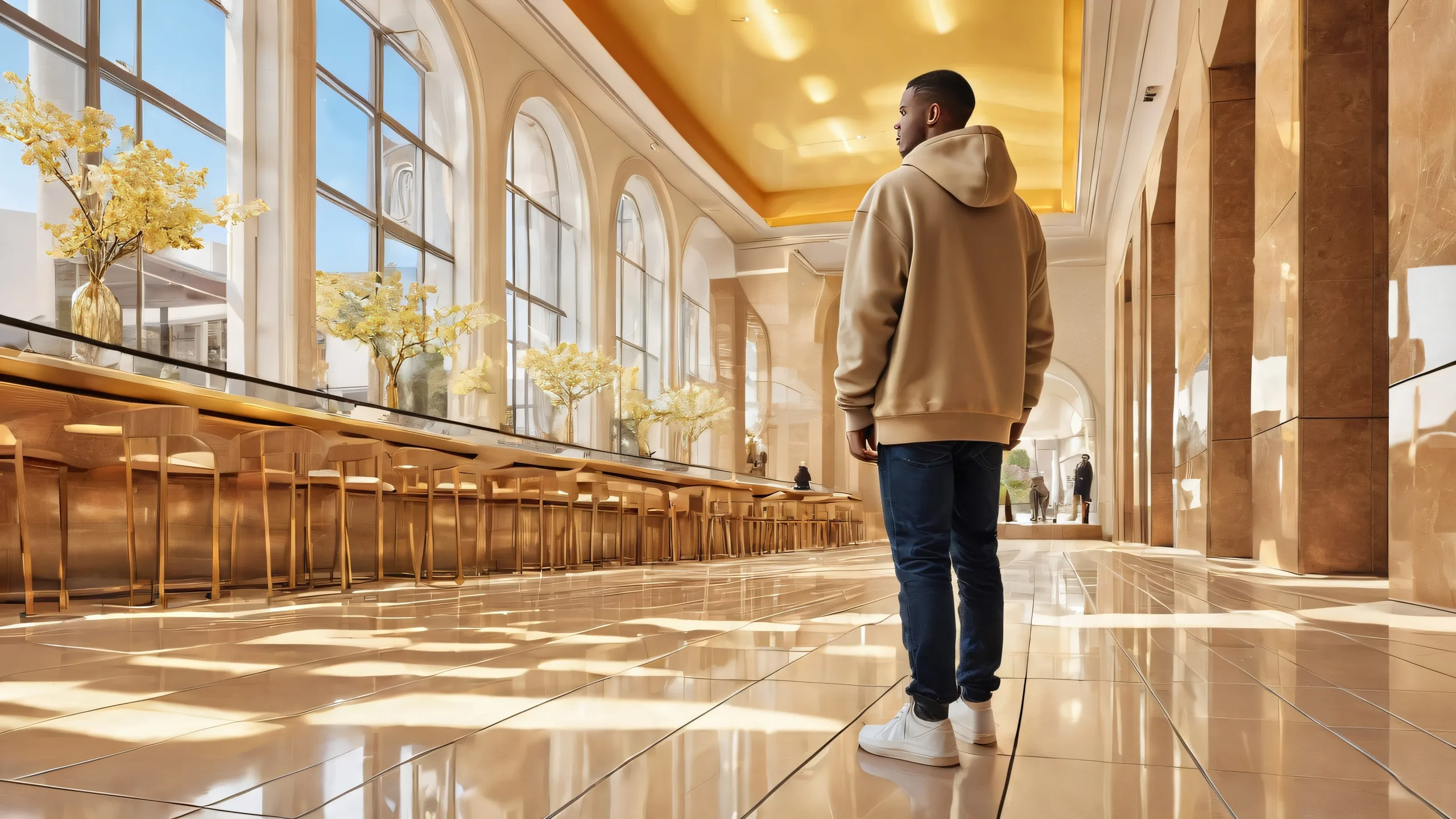 Man with Civitai Hoodie standing on a pristine beige tile floor in front of an infinite pure void, perfect for desktop/pc backgrounds.