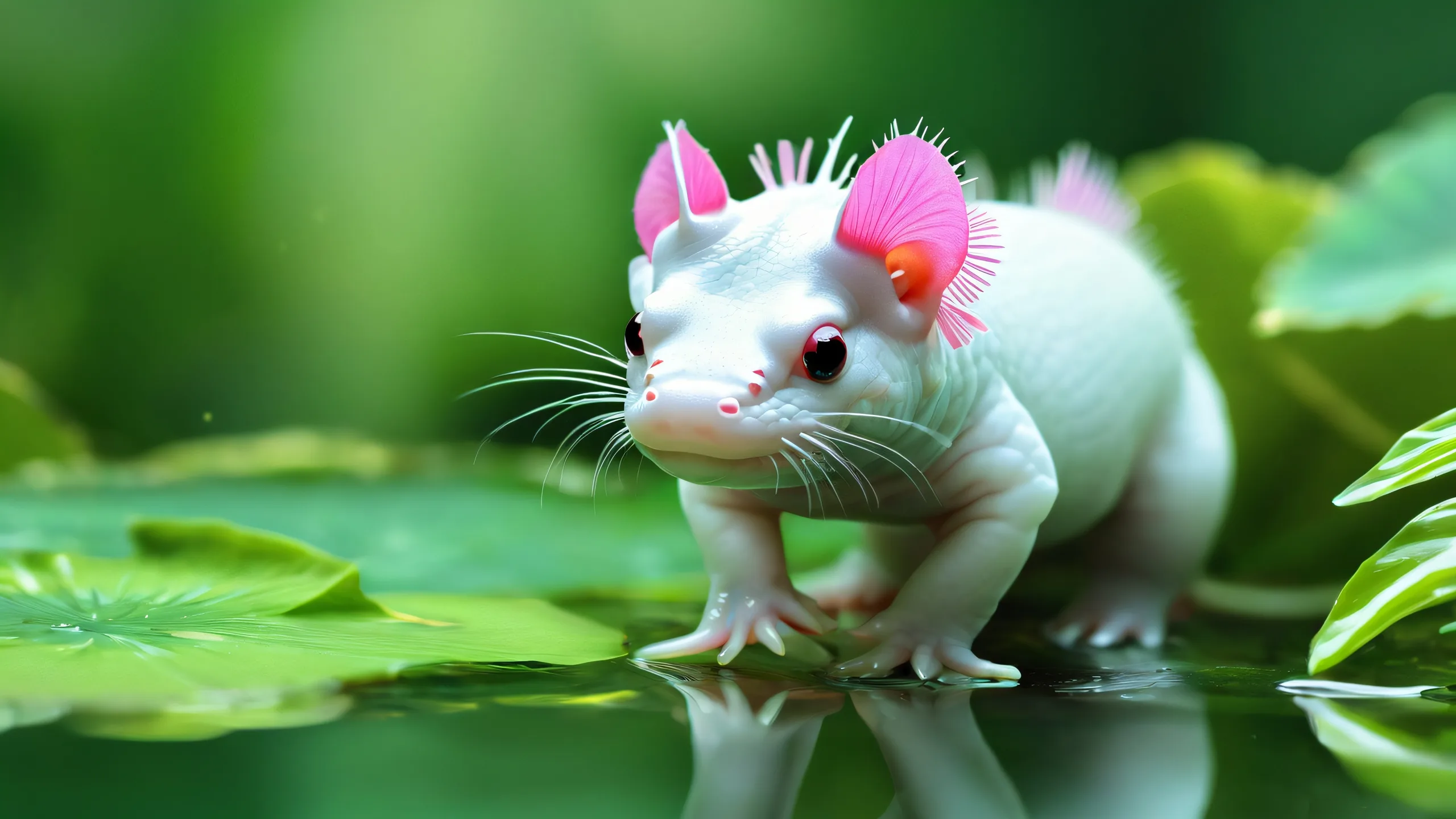 Ethereal Axolotl Abyss 4K UHD Wallpaper Breathtaking desktop wallpaper of an axolotl set against a vast, pure void on a Desktop/PC.