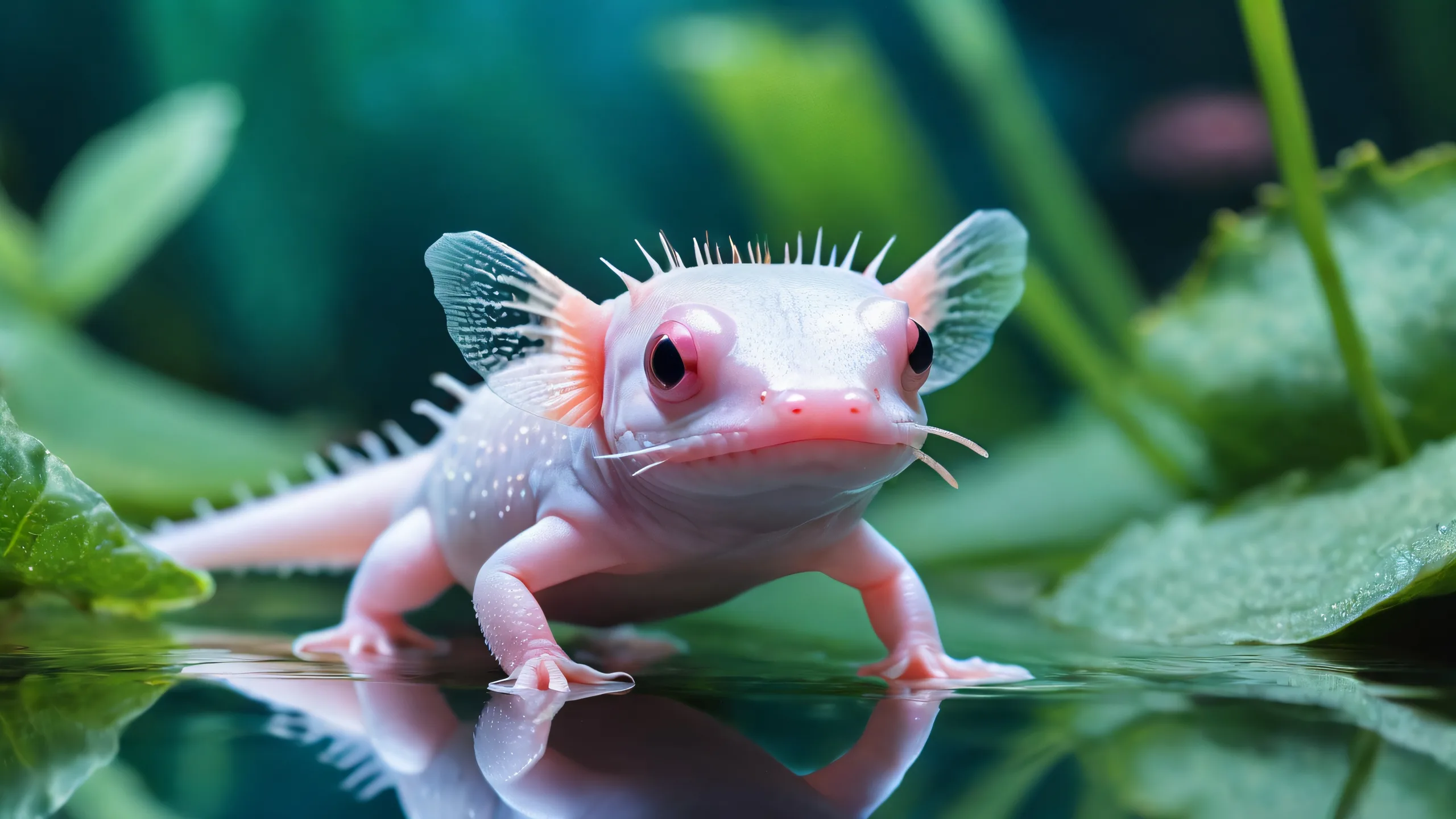 Axolotls swim in a vast pure void, perfect for desktop/PC backgrounds.