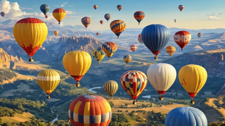 A serene and peaceful desktop wallpaper of hot air balloons floating in a vast, pur vide sur un ordinateur de bureau ou un PC.