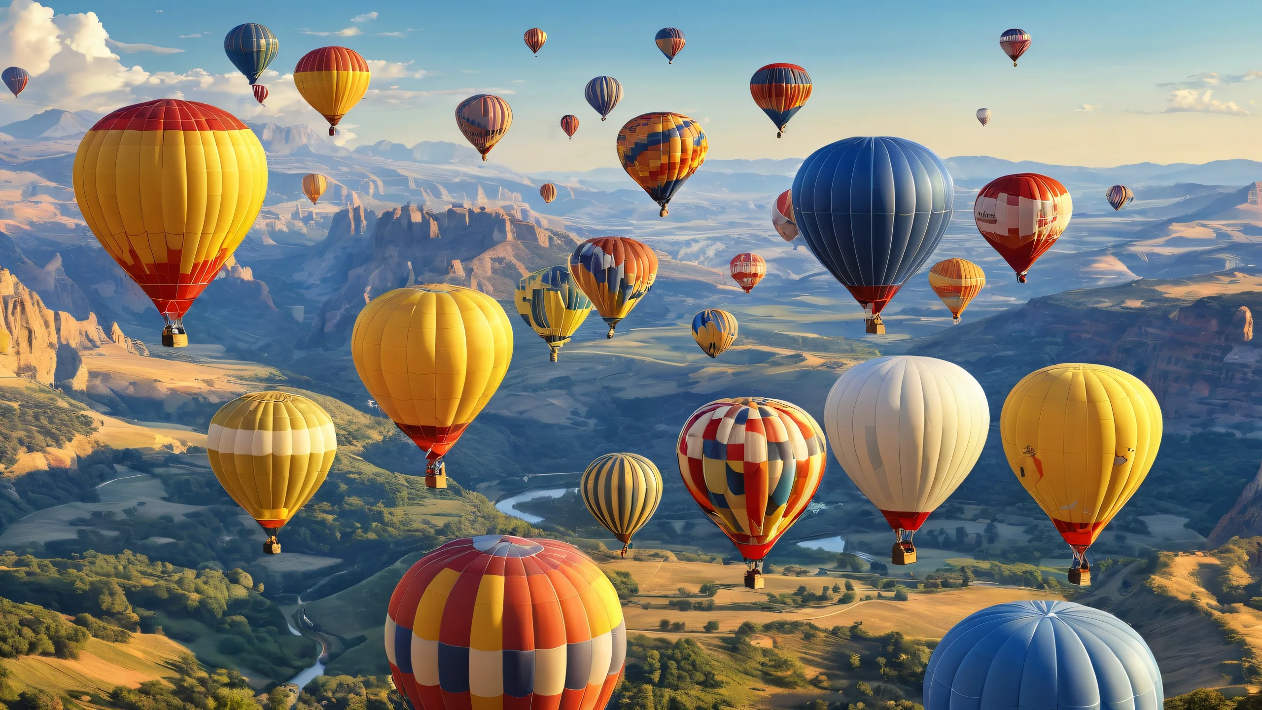 A serene and peaceful desktop wallpaper of hot air balloons floating in a vast, pure void on a desktop or PC.