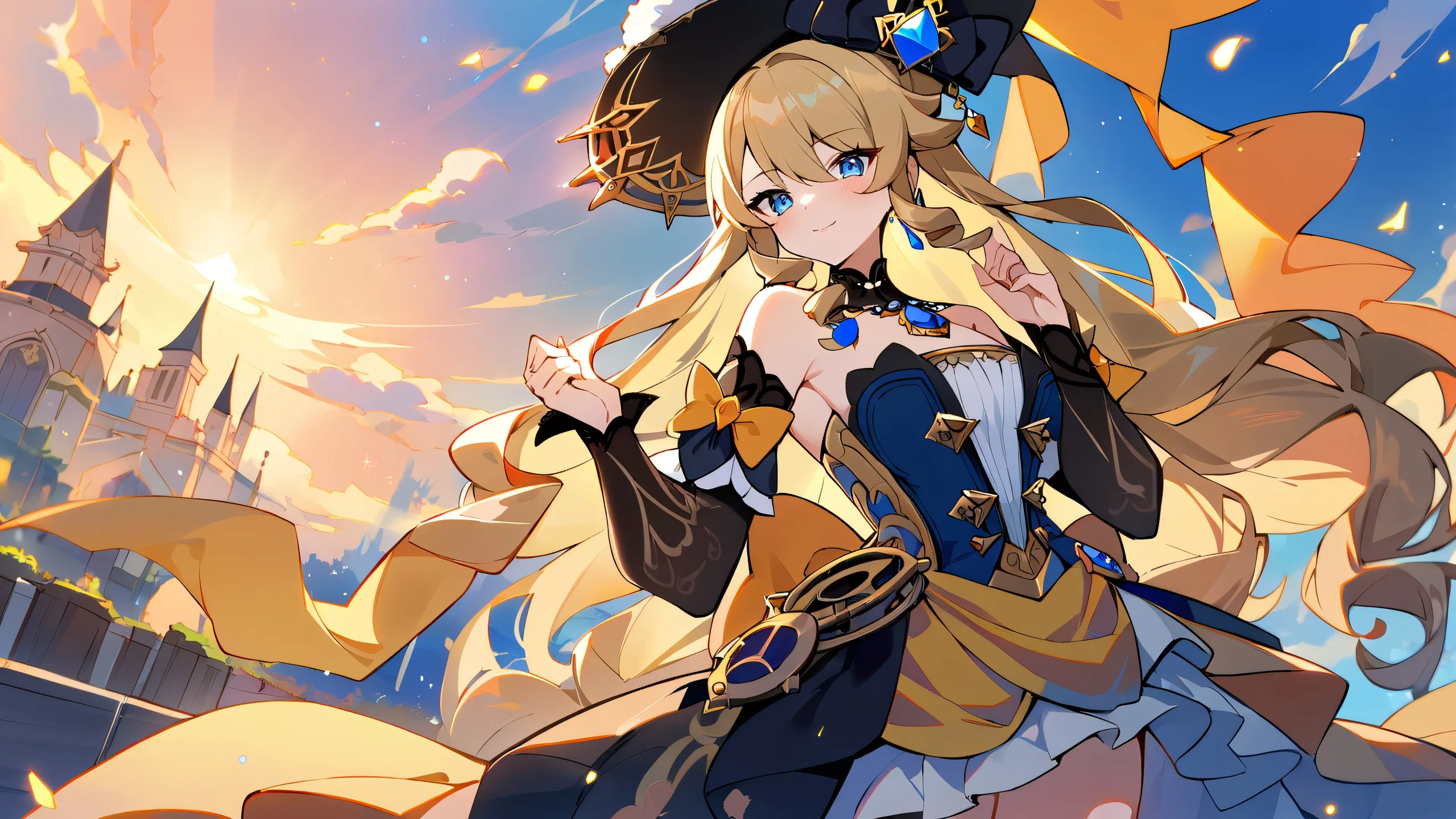 A beautifully rendered anime-inspired desktop wallpaper of a girl looking directly at the viewer, set against a vibrant and airy banquet scene with extreme depth of field, perfect for desktop PCs.