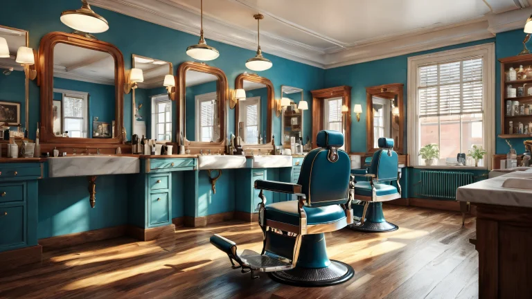A surreal desktop wallpaper featuring Penguin Barber in a dimly lit vintage barbershop with a vast pure void, perfect for a PC or Desktop.