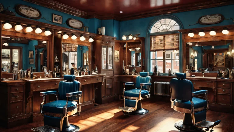 Penguin in a dimly lit vintage barbershop against a vast pure void on a Desktop/PC.