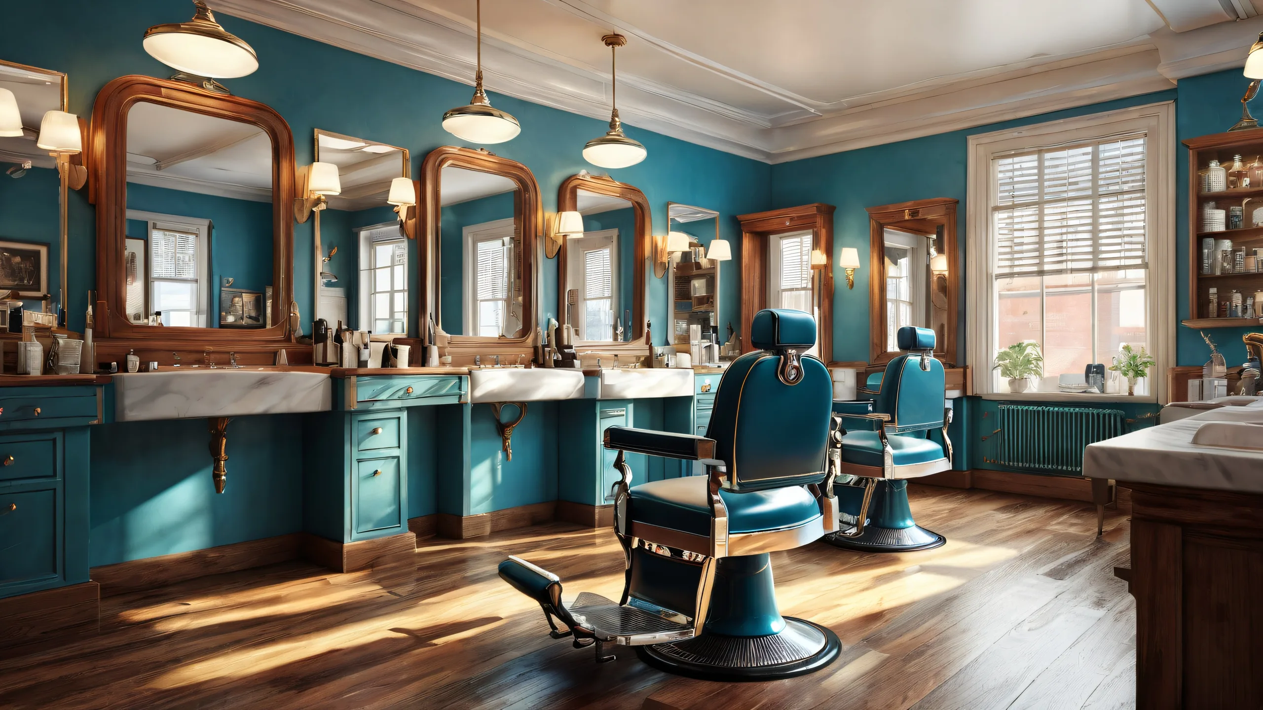 A surreal desktop wallpaper featuring Penguin Barber in a dimly lit vintage barbershop with a vast pure void, perfect for a PC or Desktop.