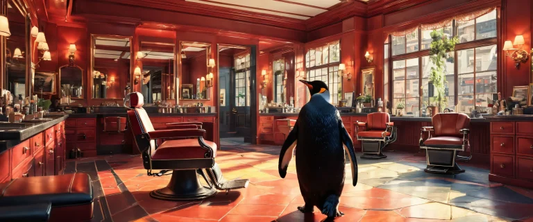 A serene desktop image of a penguin standing in front of a vintage barbershop on a vast, fondo oscuro, perfecto para tu escritorio/PC.
