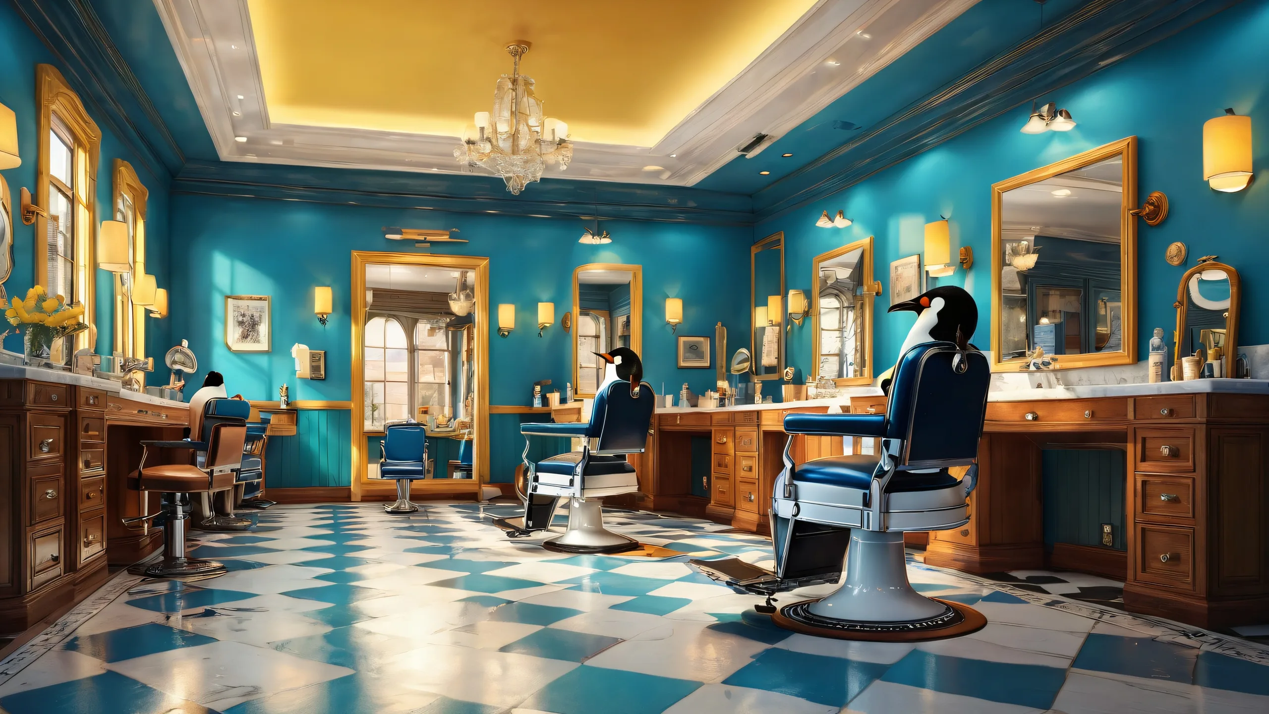 A surreal desktop scene featuring a penguin and barber in a dimly lit vintage barbershop, set against a vast pure void, perfect for a desktop/pc background.