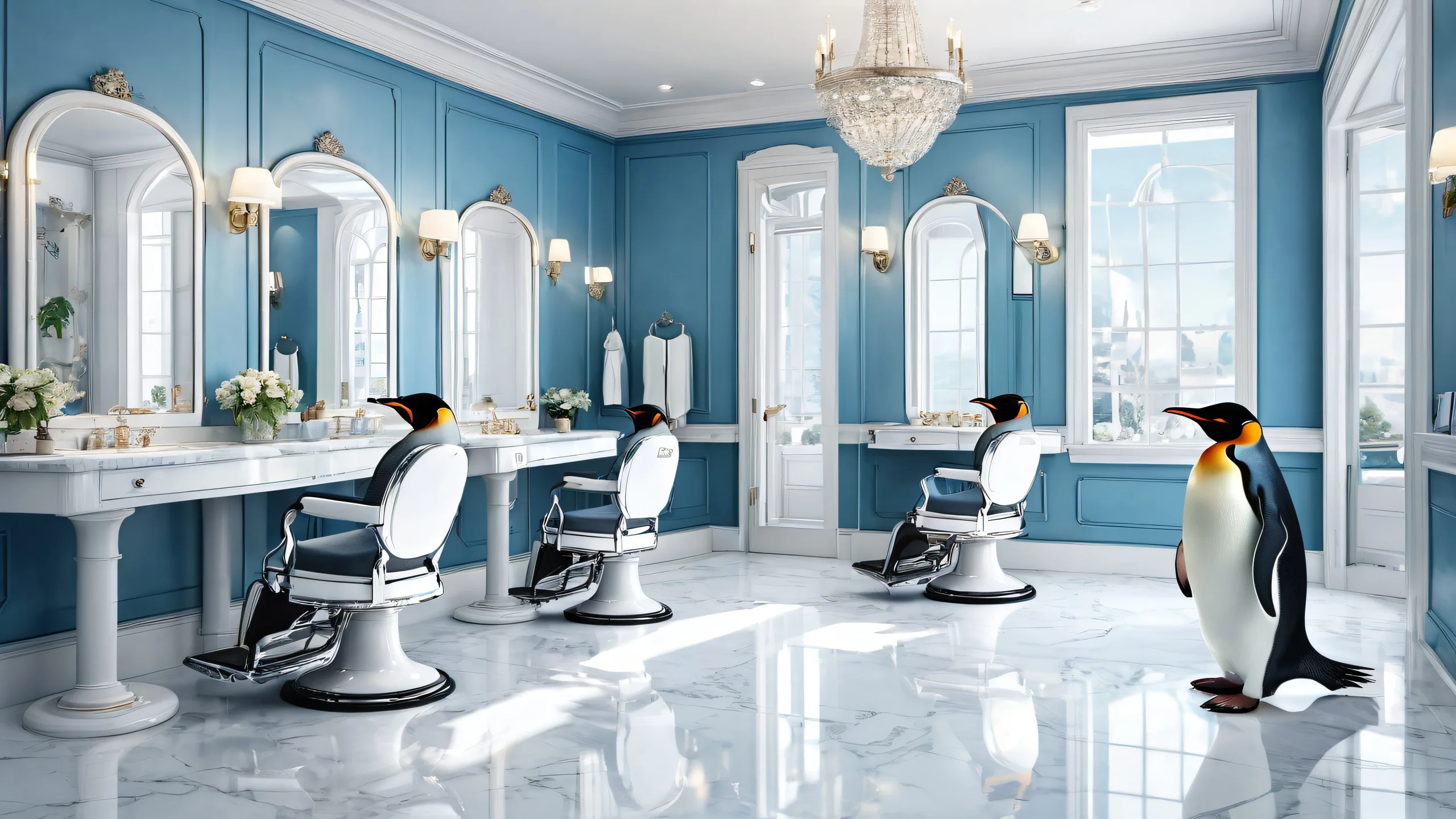 A stunning desktop wallpaper of a penguin in a vintage-inspired barbershop setting on a pristine void, perfect for desktops and PCs.