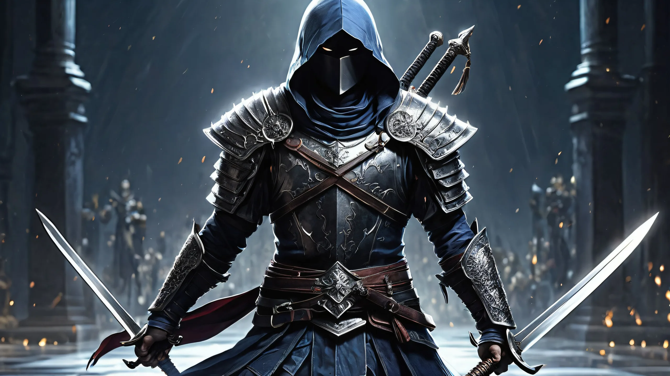 A group of men with swords standing on a vast pure void against a dark backdrop. For screen readers: A desktop/PC wallpaper with an epic, breathtaking scene.