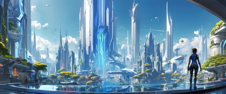 Standing video game characters on a pure void background with a futuristic cityscape, perfect for desktop or PC backgrounds.