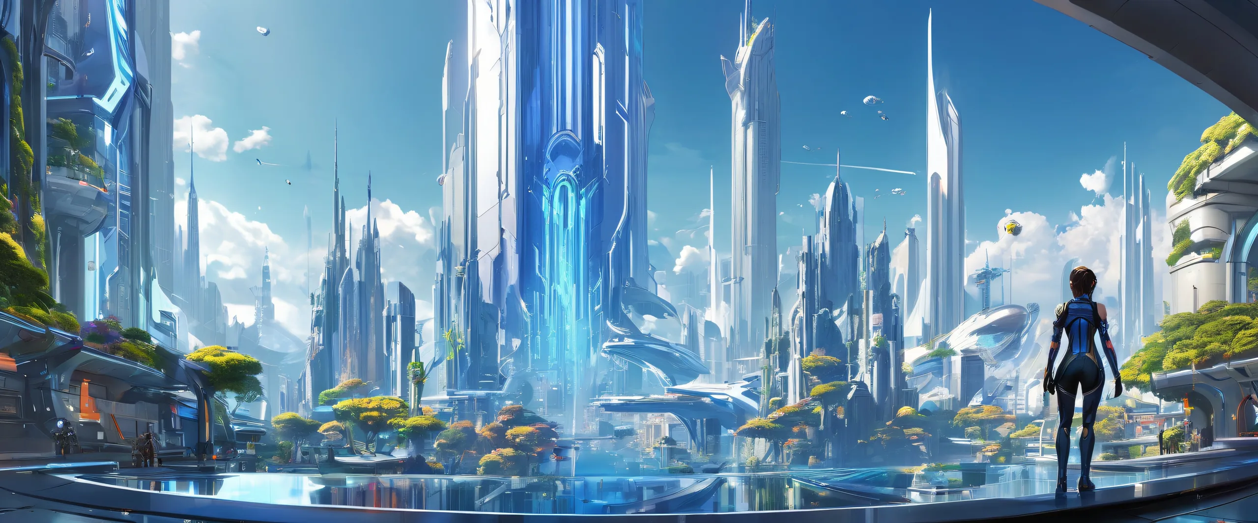 Standing video game characters on a pure void background with a futuristic cityscape, perfect for desktop or PC backgrounds.