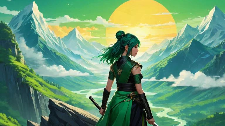 A serene desktop scene of a lone warrior standing against a stunning backdrop of stylized mountains and a giant sun, with perfectly clean voids in the background, for Desktop/PC use.
