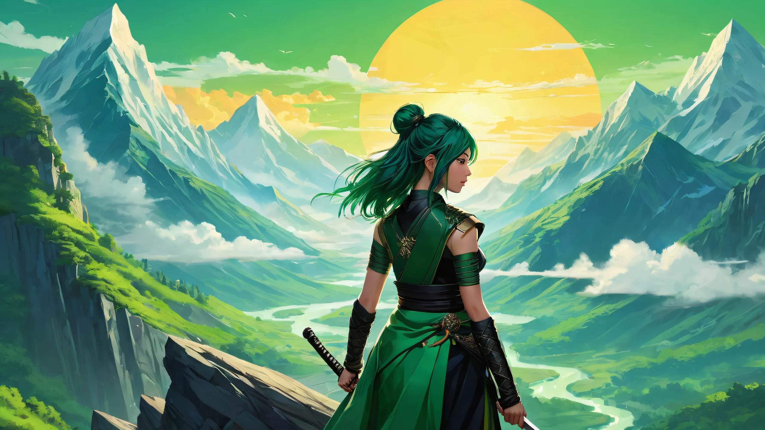 A serene desktop scene of a lone warrior standing against a stunning backdrop of stylized mountains and a giant sun, with perfectly clean voids in the background, for Desktop/PC use.