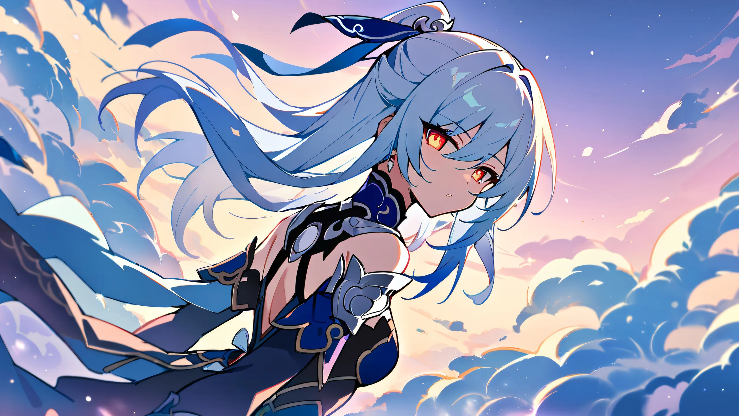 A stunning anime girl gazes out at the viewer from a perfectly clean and vast pure void, with extreme depth of field and soft focus, set against a bright and airy sky.