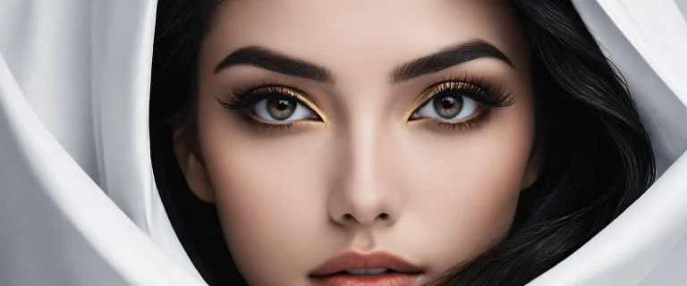 Beautiful face against a vast pure void on a desktop or PC screen with deep blacks and luminescent accents.