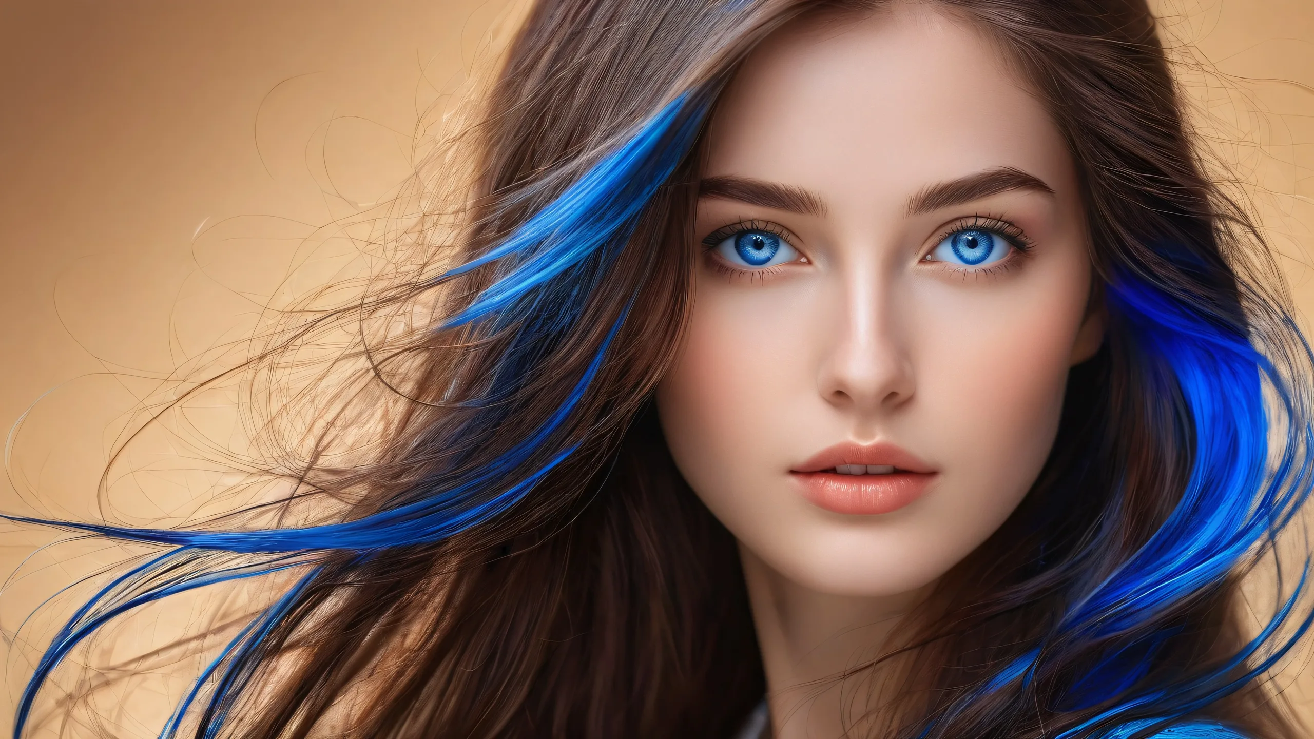 A stunning brunette woman with blue eyes gazing away against a vast, pure void for your desktop or PC