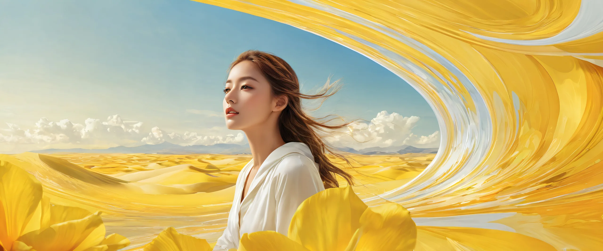 A serene and stunning desktop scene featuring a woman set against a vast pure void with extreme depth of field, perfect for your PC or Desktop.