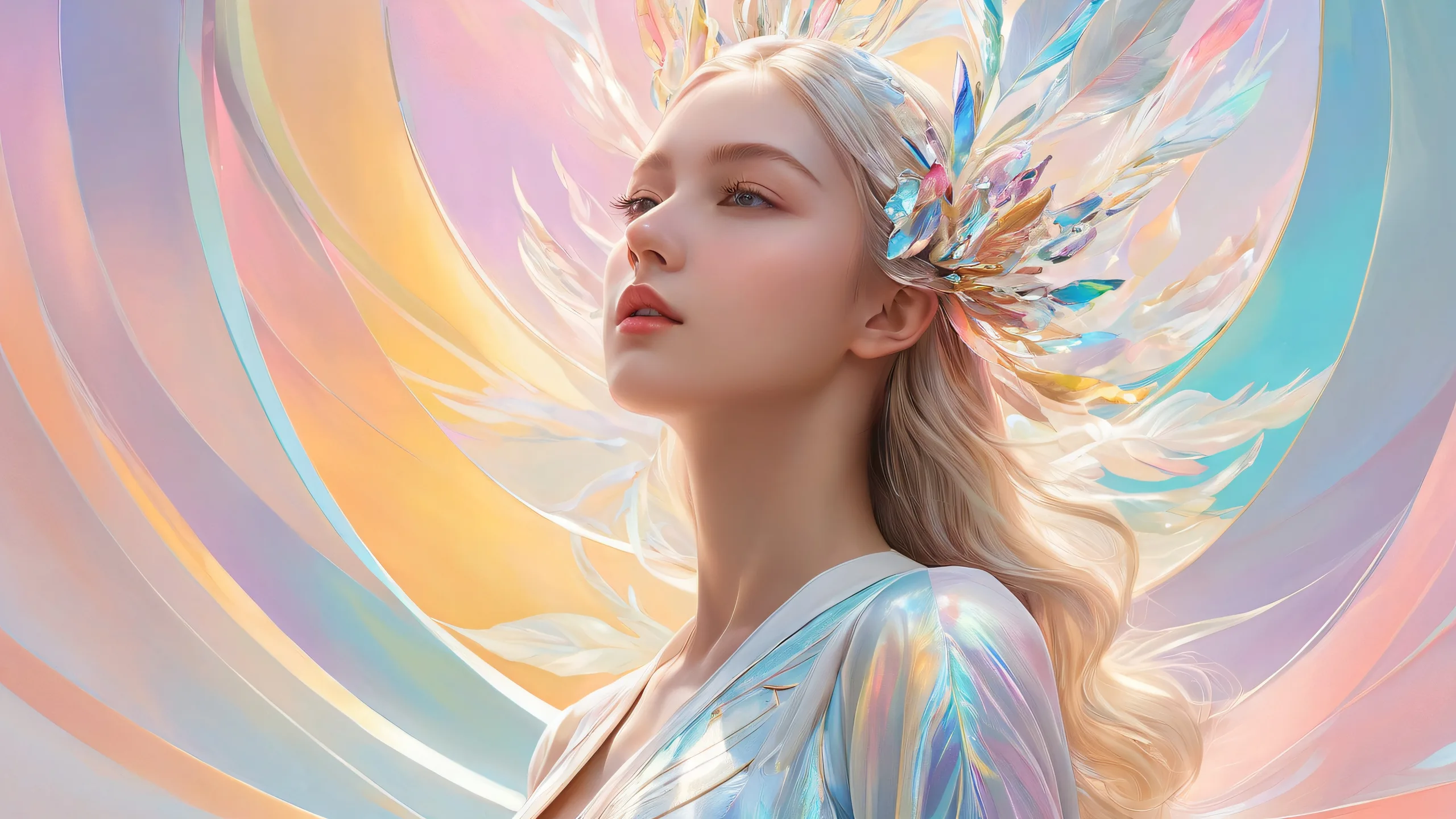 A stunning digital art portrait of a woman on a pure void background for desktop/pc use, with breathtaking colors and reflections.