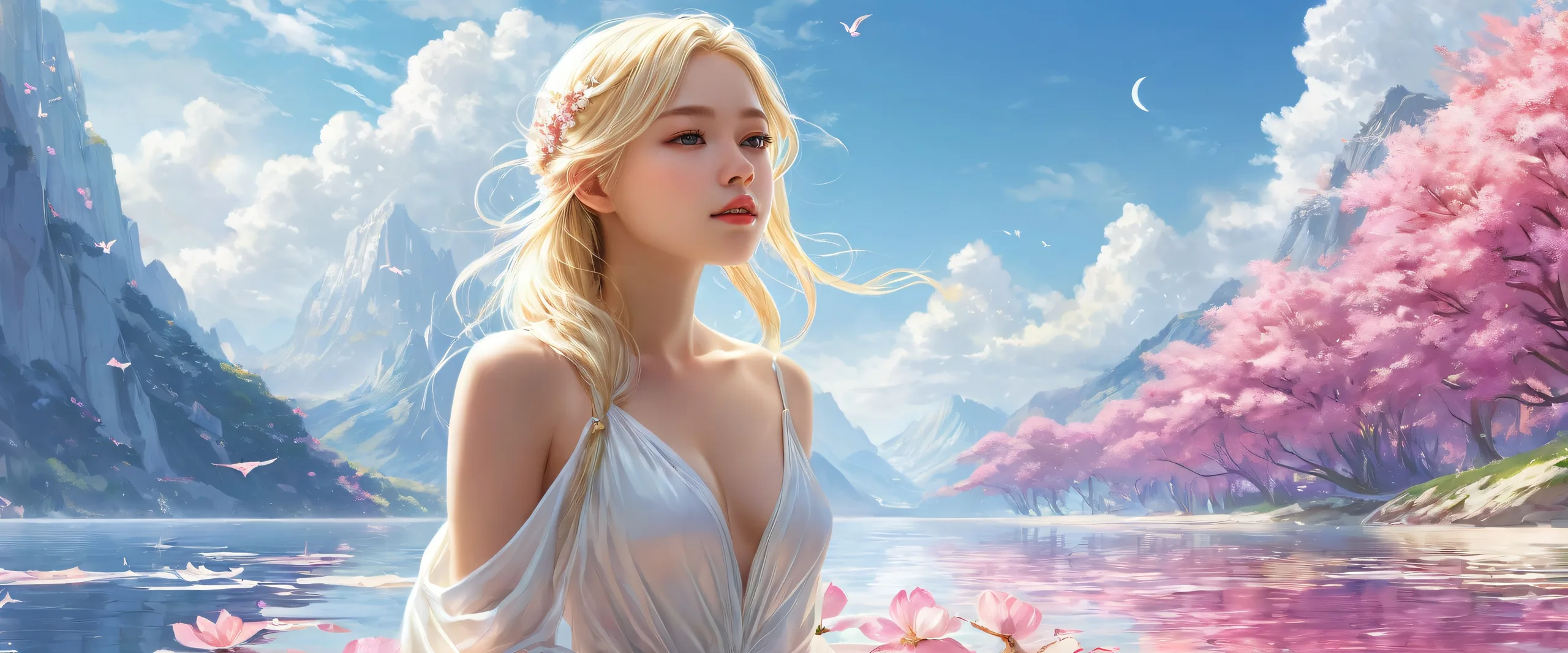 4K Ethereal Beauty Unfolds Desktop Background A stunning digital artwork of a blonde girl against a vast pure void background, perfect for desktop or PC screens.
